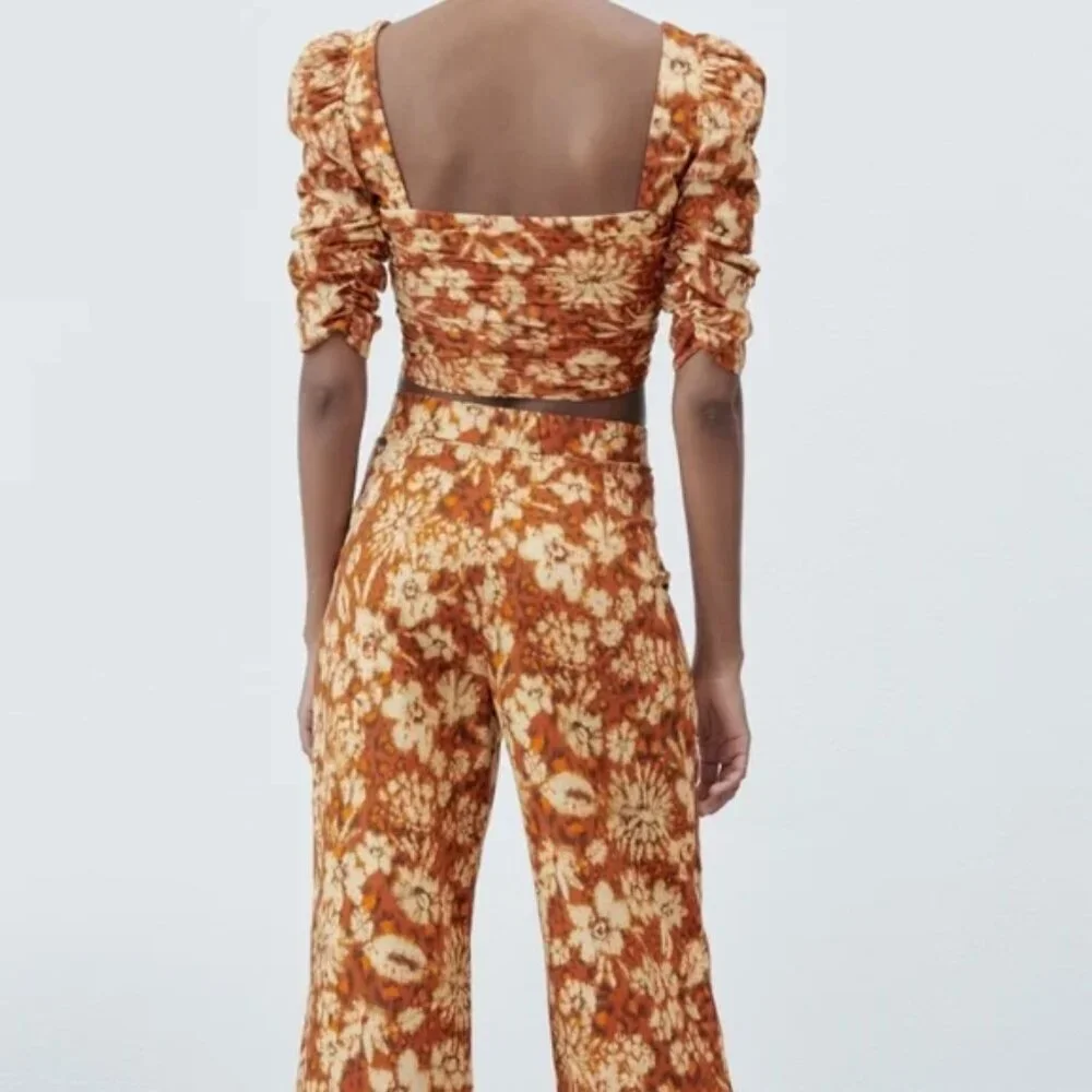 Zara Burnt Orange Floral Wide Leg Pants High Waist Boho Retro XL - Picture 4 of 16